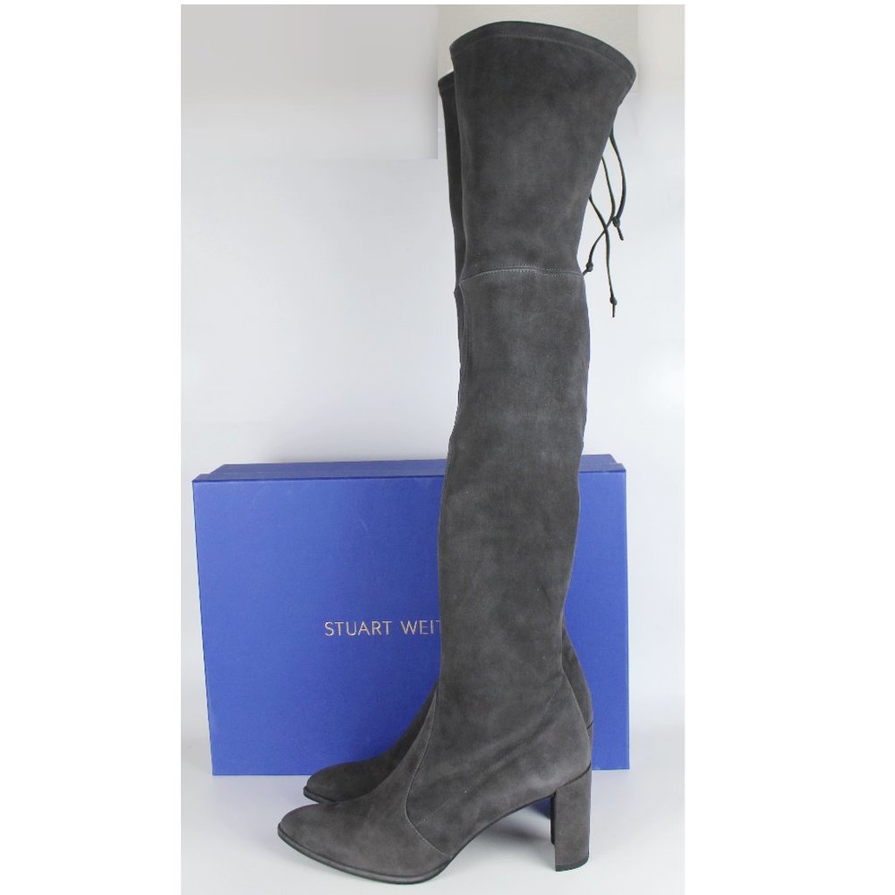 NEW Stuart Weitzman Landmark Pointed Toe Over the Knee Boots, Slate, US 10